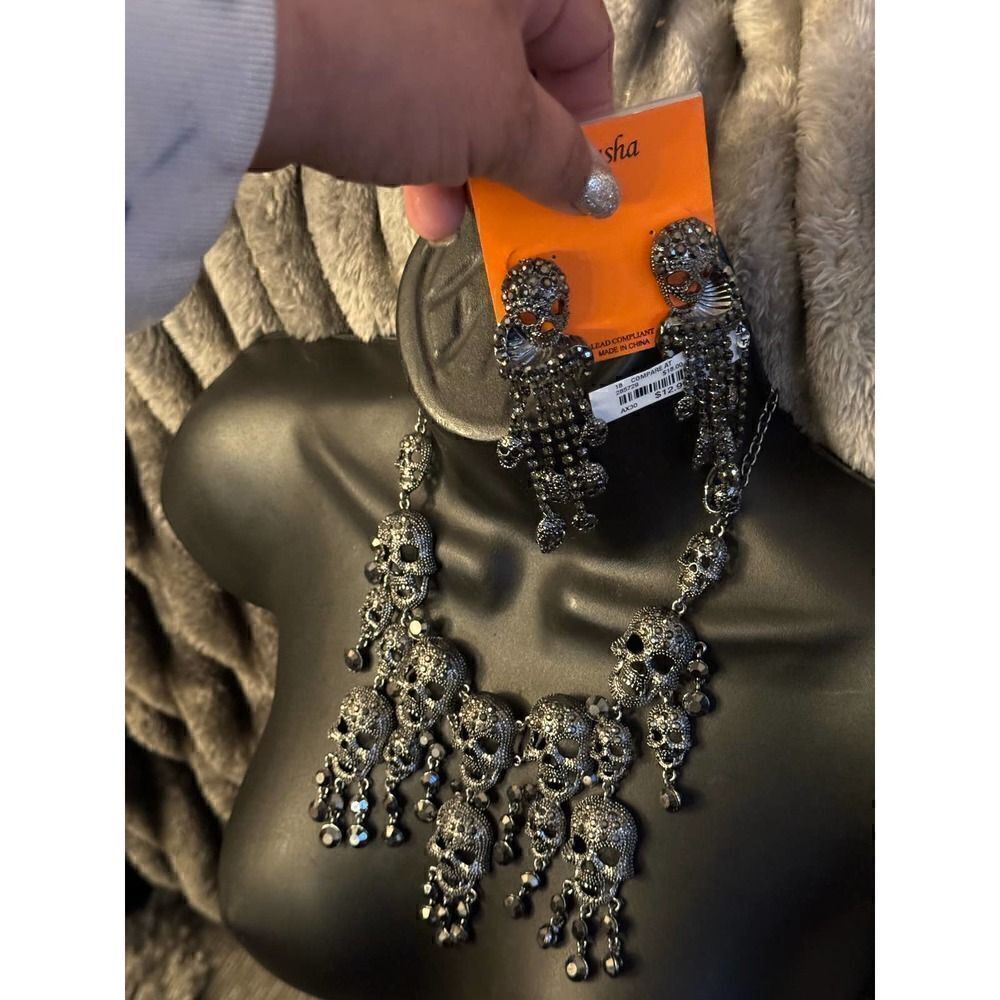 Natasha couture pave dangle black rhinestone skull collar necklace & earrings